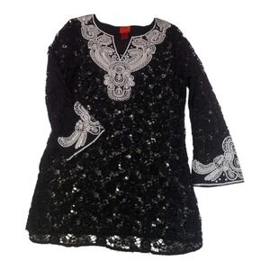 V Cristina Black Lace Embroidered Tunic Top Size Medium